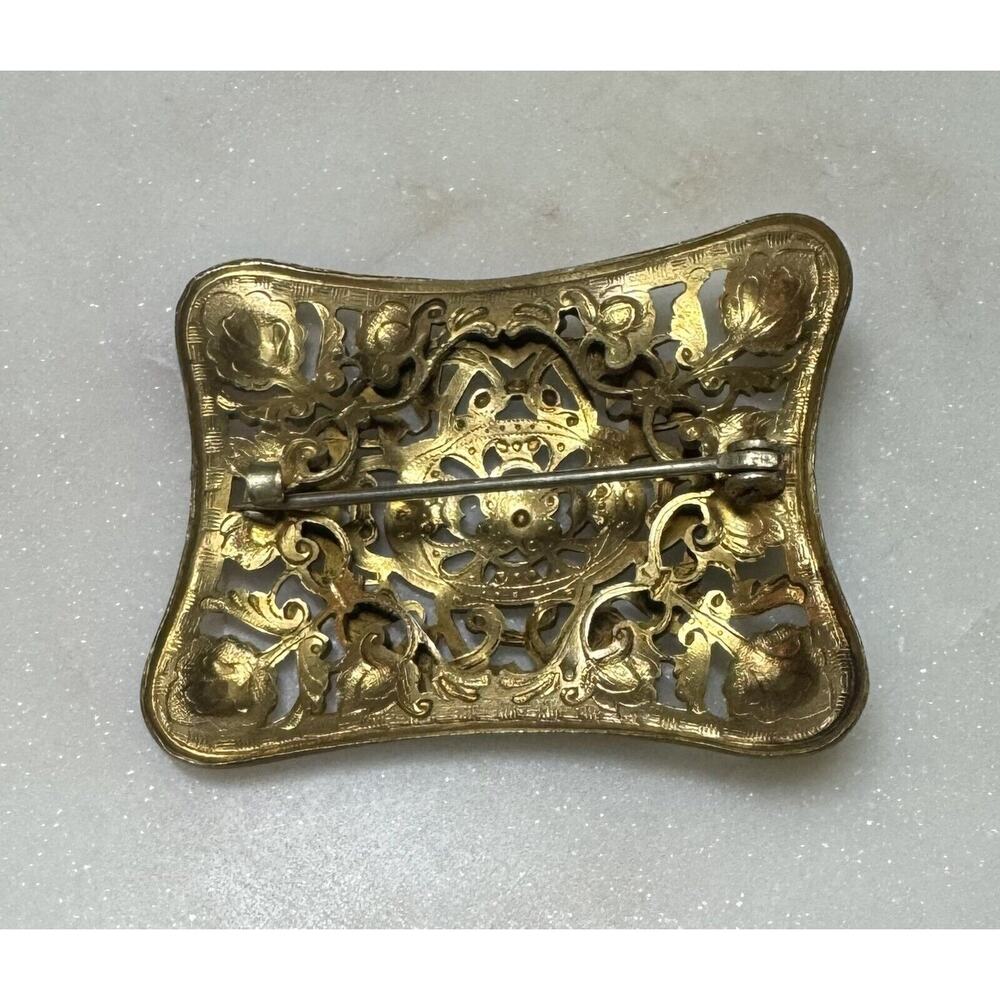 Antique Art Nouveau Rectangle Buckle Brass Brooch Pin Open Work Estate - Picture 2 of 5